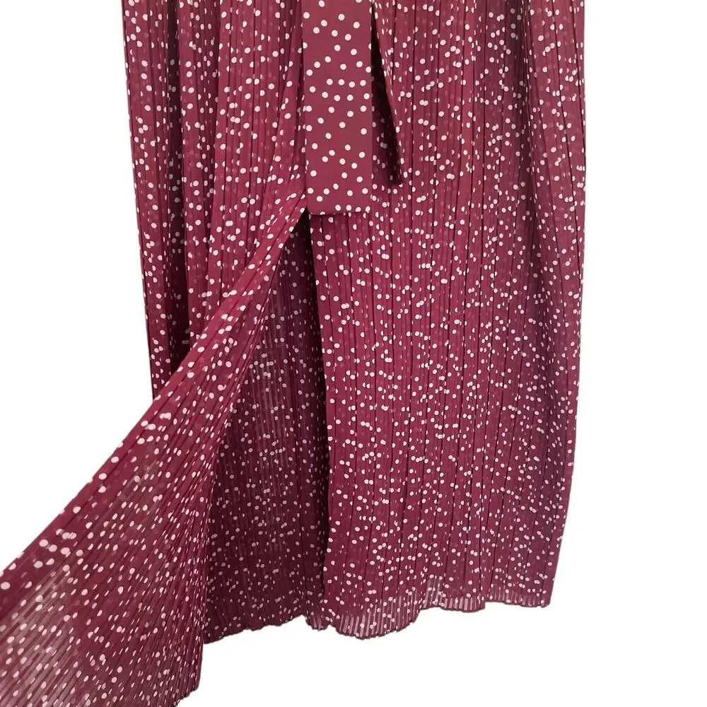 Zara Burgundy Red Polka Dot Print Pleated Tie Waist Maxi Skirt Size XL